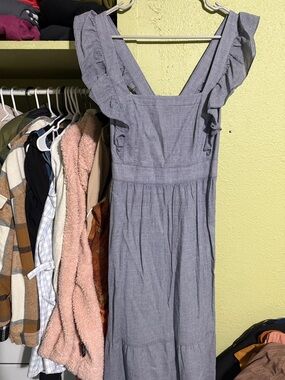 LOFT Light Blue Midi Dress with Ruffle Straps